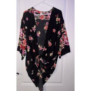 LILYPAD‎ Black Floral Stripe Kimono Cardigan Open Front Tie Knot Flare Sleeve 2X